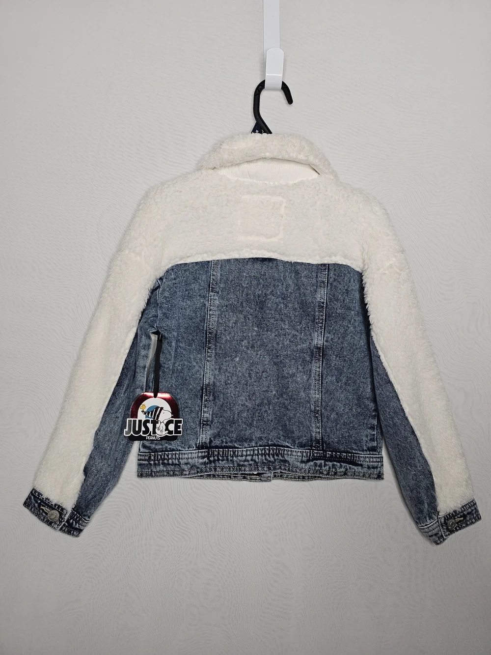 NWT Justice x Peanuts Snoopy Patch Acid Wash Denim Jacket Faux Fur Collar XS 5/6